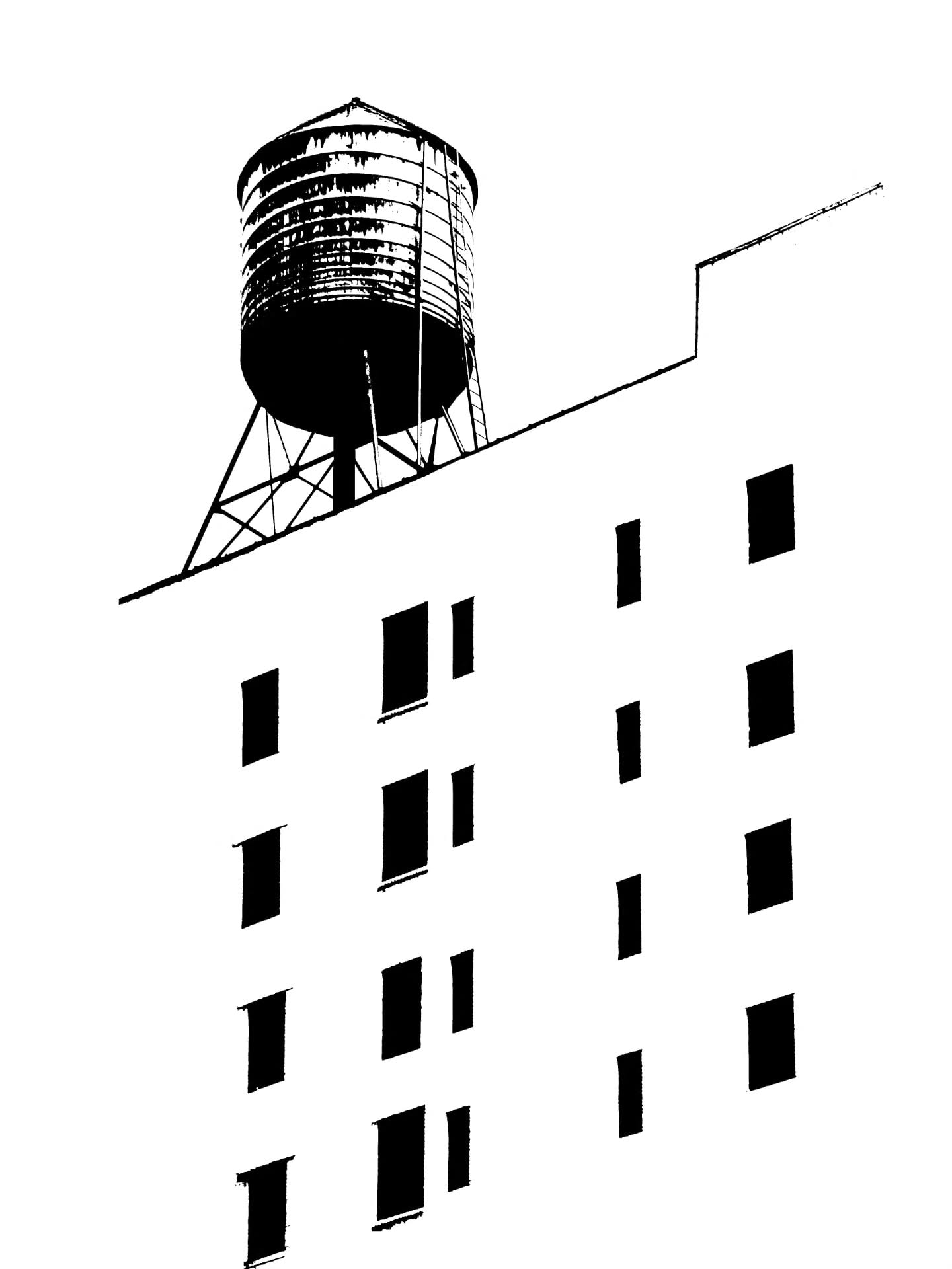 Rooftop water tower against a white sky, New York City — Jeff Pica, New York City in Pure Black & White