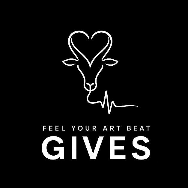 Feel Your Art Beat Gives — line-art logo of a heart-headed figure with a heartbeat line