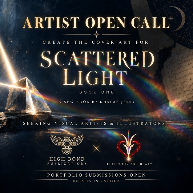 Artist open call poster for Scattered Light, Book One by Khalaf Jerry — seeking visual artists and illustrators. High Bond Publications × Feel Your Art Beat. Portfolio submissions open.